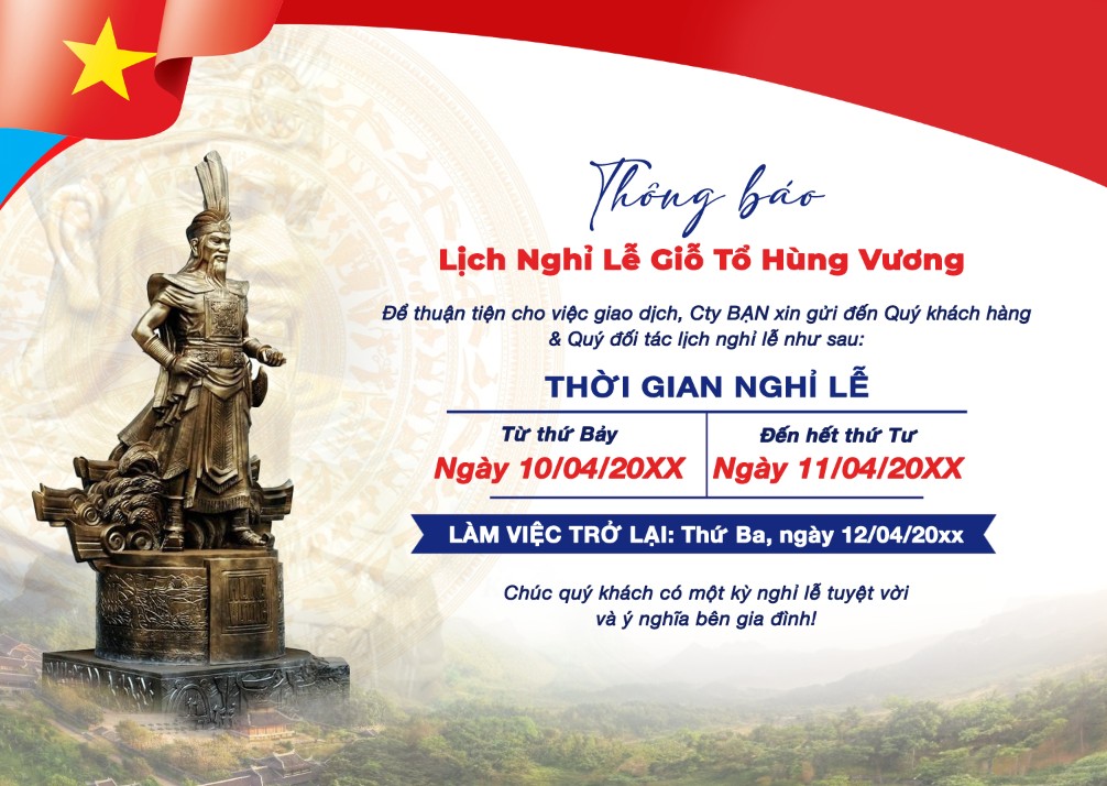 Holiday announcement poster for Hung Kings' Festival with a golden statue and traditional motifs poster banner media post, poster thông báo lịch nghỉ Giỗ tổ Hùng Vương